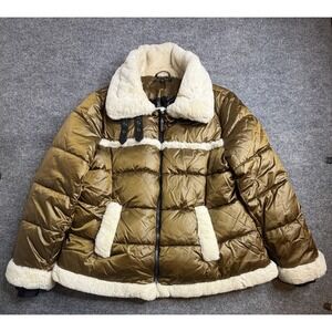 Laundry By Shelli Segal Women Satin Puffer Coat Jacket Faux Fur Trim Caramel XXL